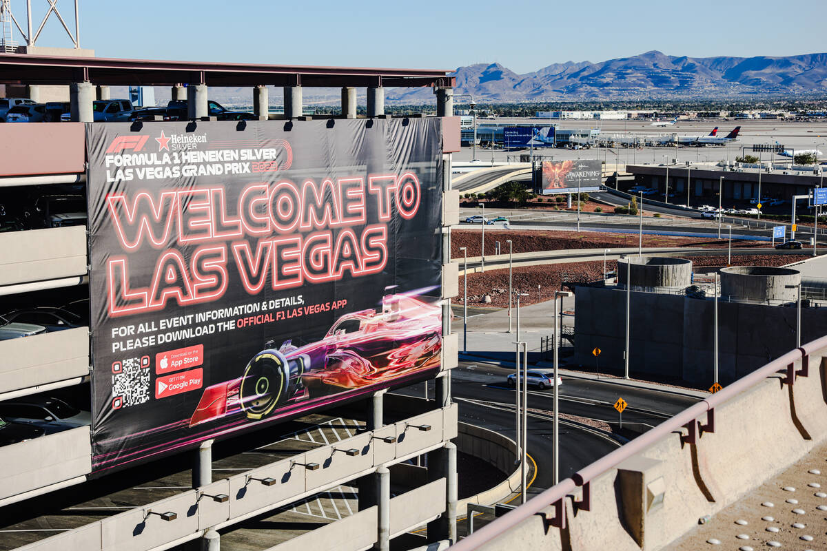 A sign welcoming visitors to the Formula 1 Las Vegas Grand Prix race at Harry Reid Internationa ...