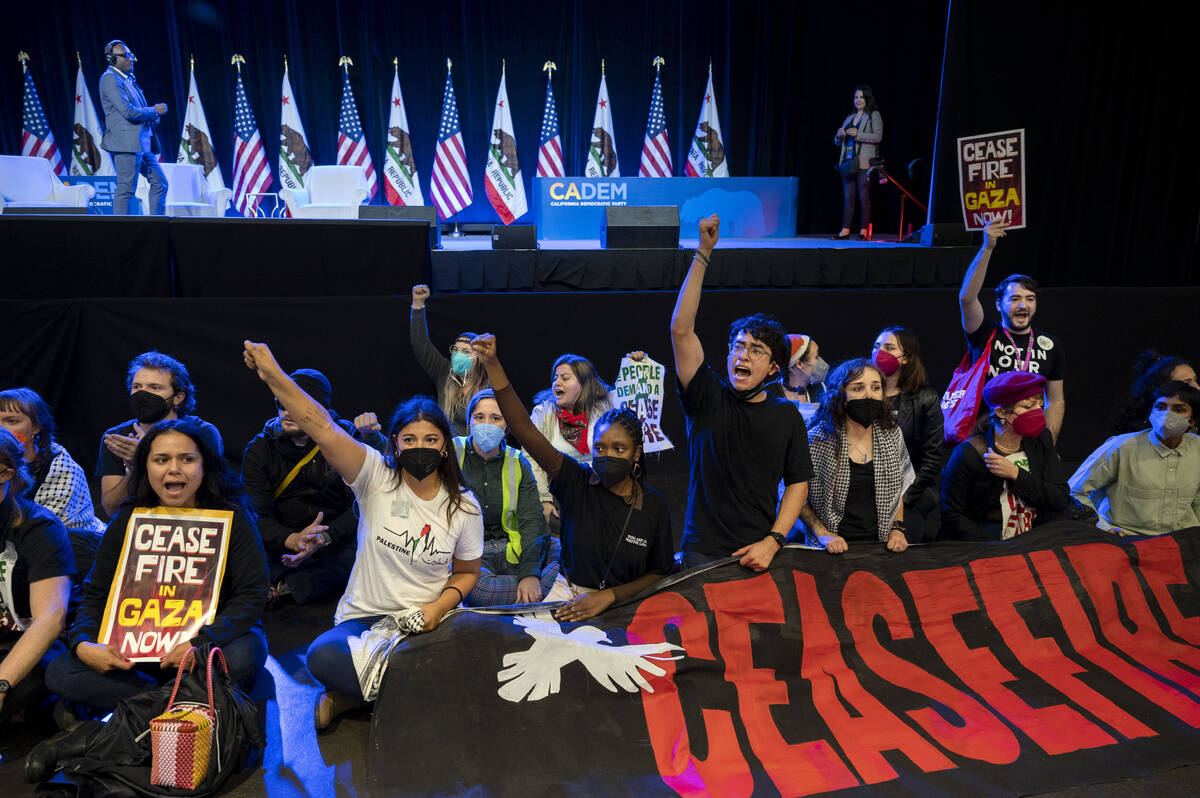 Pro-Palestinian demonstrators sit in front of the stage, disrupting the afternoon session of th ...