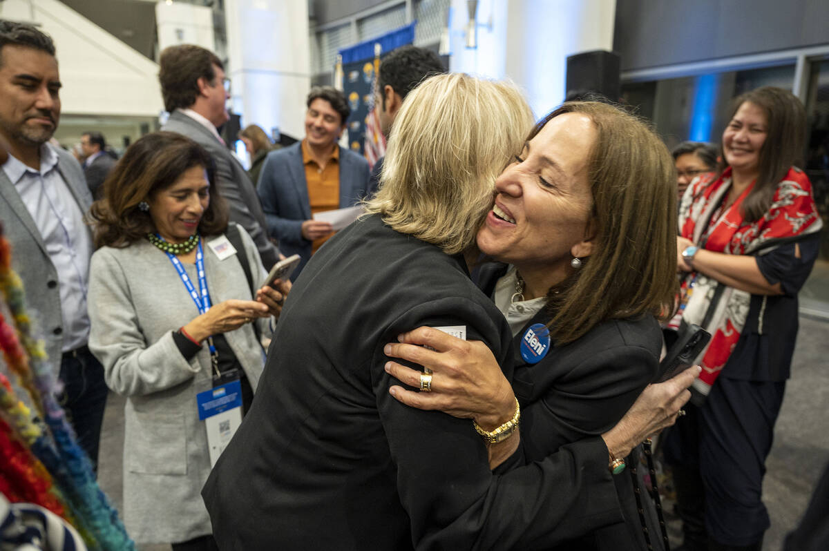 California Lt. Gov. Eleni Kounalakis hugs a supporter at the California Democratic Party fall e ...