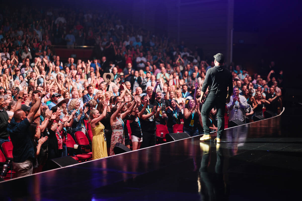 Garth Brooks is shown in his "Garth Brooks/Plus One" opener at the Colosseum at Caesars Palace ...