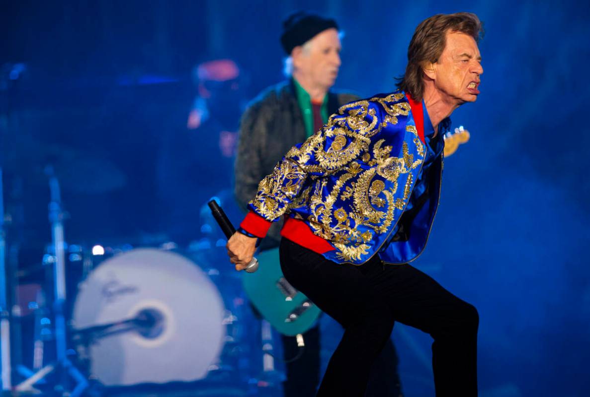 Mick Jagger of The Rolling Stones performs at Allegiant Stadium in Las Vegas on Saturday, Nov. ...