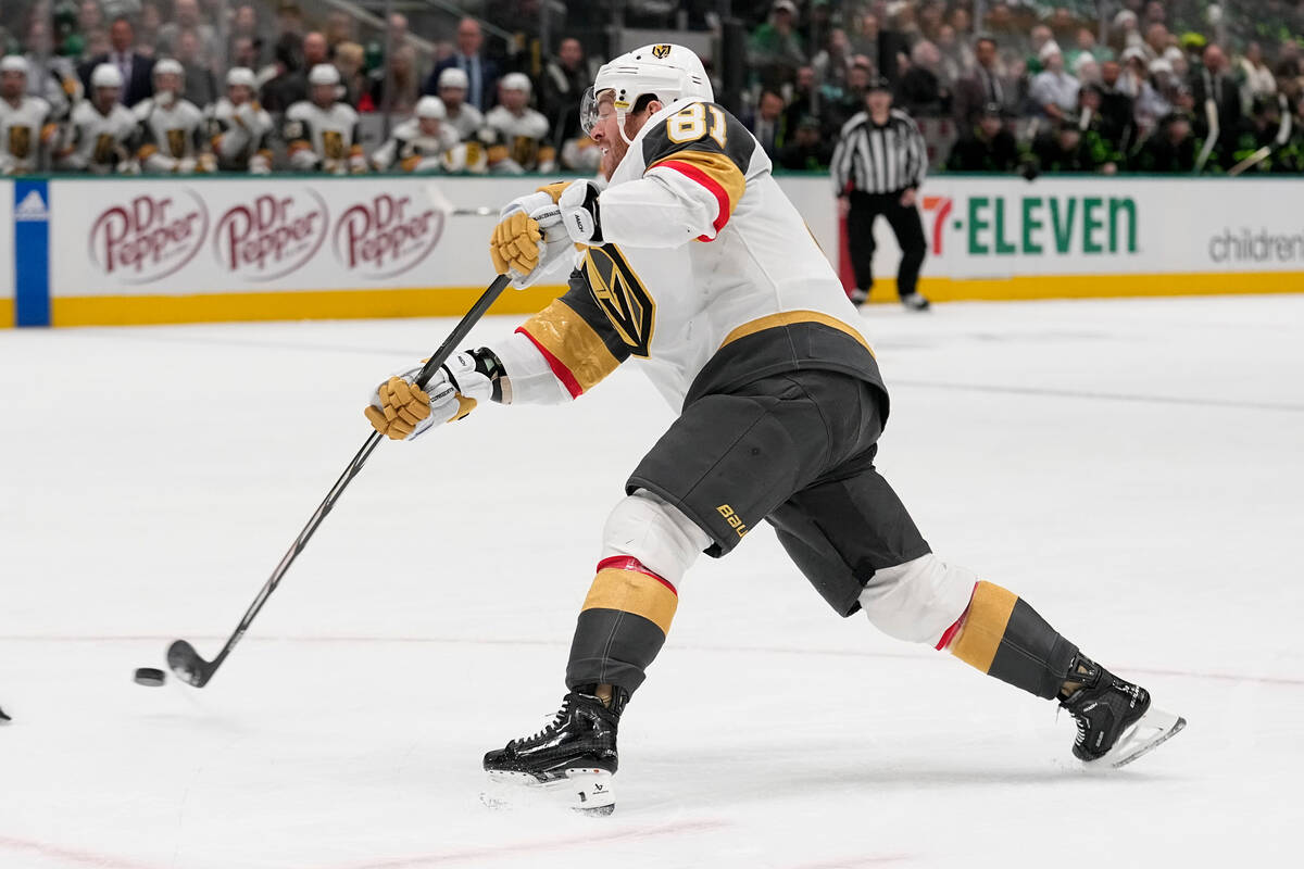 Vegas Golden Knights right wing Jonathan Marchessault takes a shot against the Dallas Stars dur ...