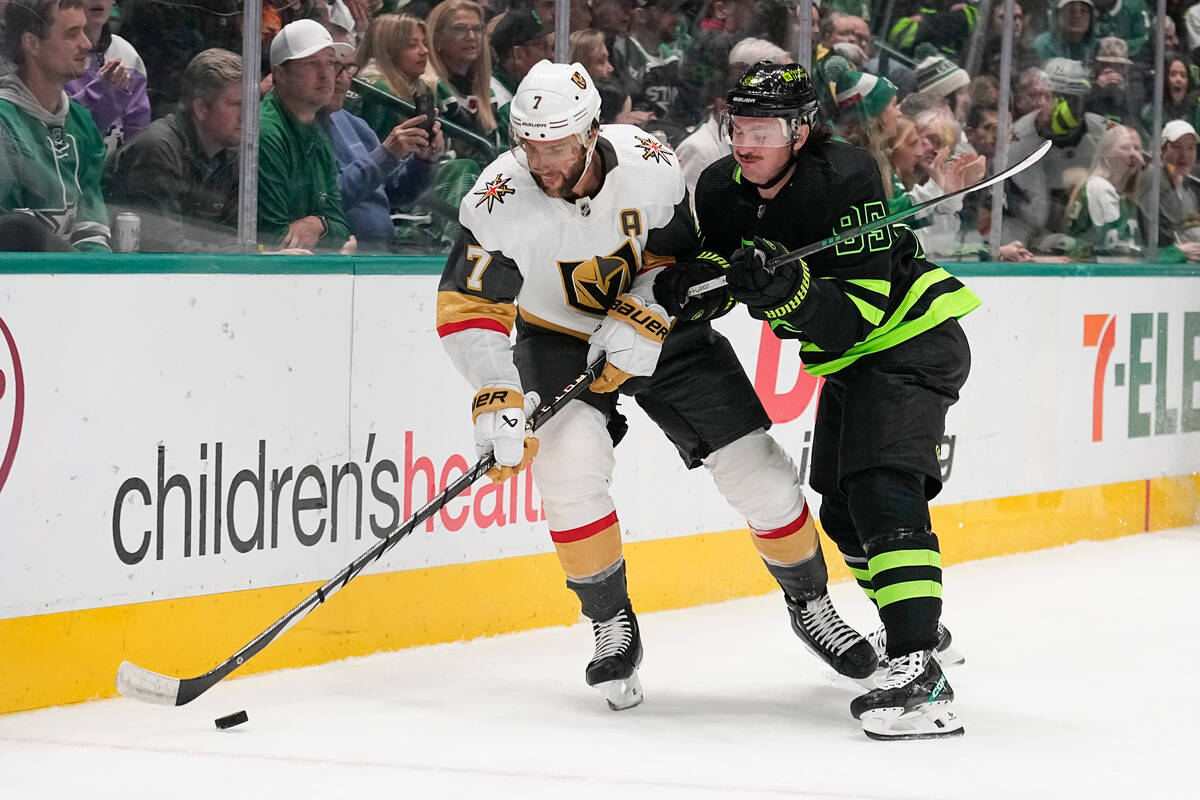 Vegas Golden Knights defenseman Alex Pietrangelo, left, and Dallas Stars center Matt Duchene co ...