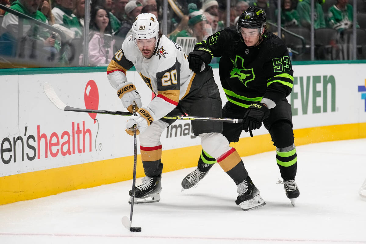 Vegas Golden Knights center Chandler Stephenson (20) skates with the puck against Dallas Stars ...