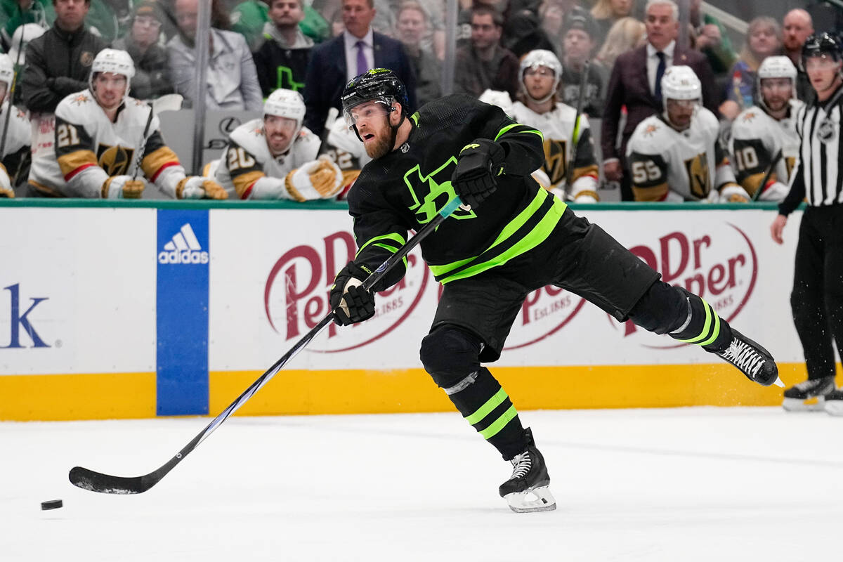 Dallas Stars defenseman Jani Hakanpaa attempts a shot against the Vegas Golden Knights during t ...