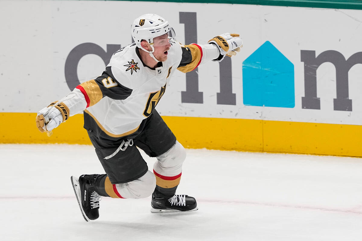 Vegas Golden Knights center Jack Eichel reacts after scoring the game-winning goal against the ...