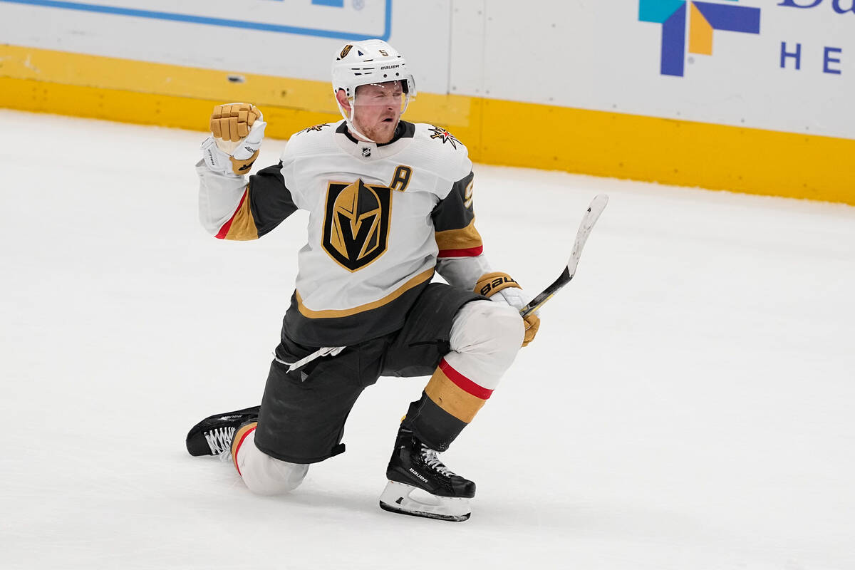 Vegas Golden Knights center Jack Eichel reacts after scoring the game-winning goal against the ...