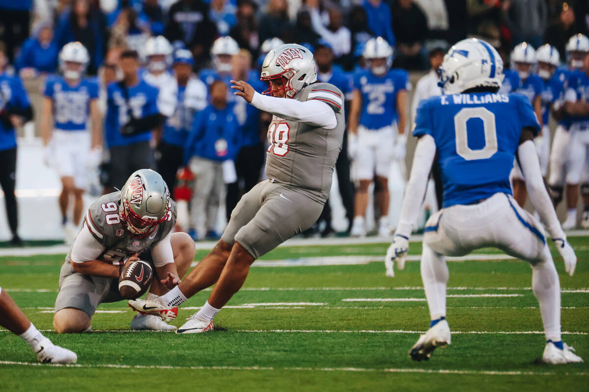 UNLV place kicker Jose Pizano (18) kicks the ball for a field goal during a game against Air Fo ...