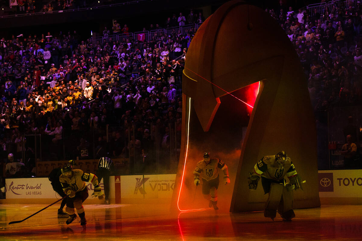 The Golden Knights take the ice before an NHL hockey game at T-Mobile Arena against the Coyotes ...