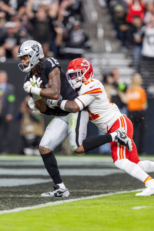 Las Vegas Raiders wide receiver Jakobi Meyers (16) catches a pass for a touchdown against the K ...