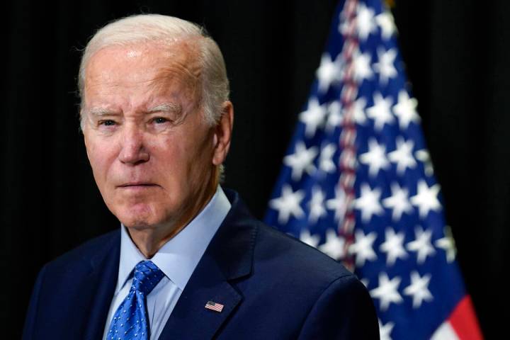 President Joe Biden speaks to reporters in Nantucket, Mass., Sunday, Nov. 26, 2023, about hosta ...