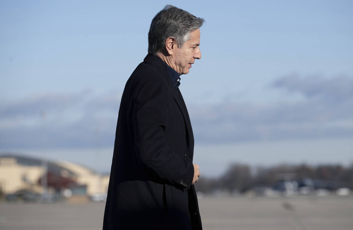 US Secretary of State Antony Blinken arrives board his aircraft prior to departure, Monday, No ...