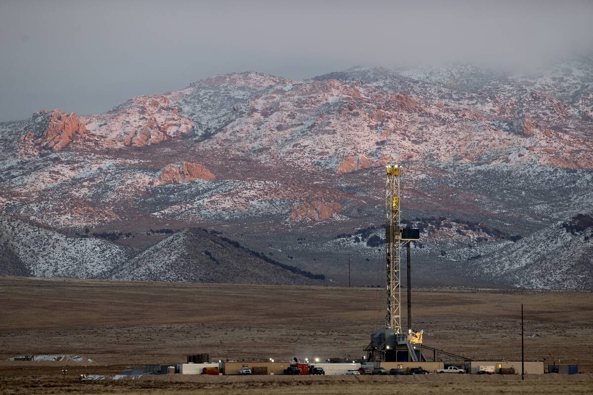 A drill rig stands at a Fervo Energy geothermal site under construction near Milford, Utah, Sun ...