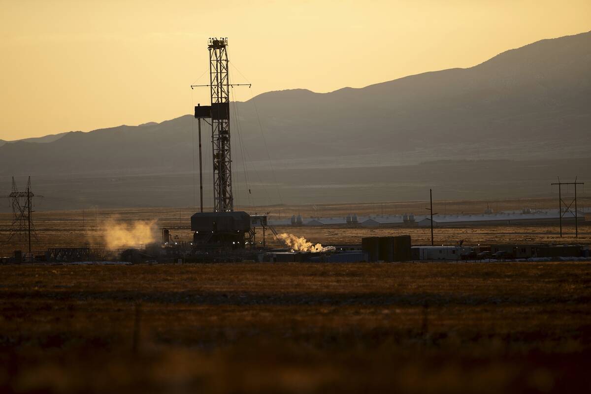 A drill rig stands at a Fervo Energy geothermal site near Milford, Utah, Sunday, Nov. 26, 2023. ...