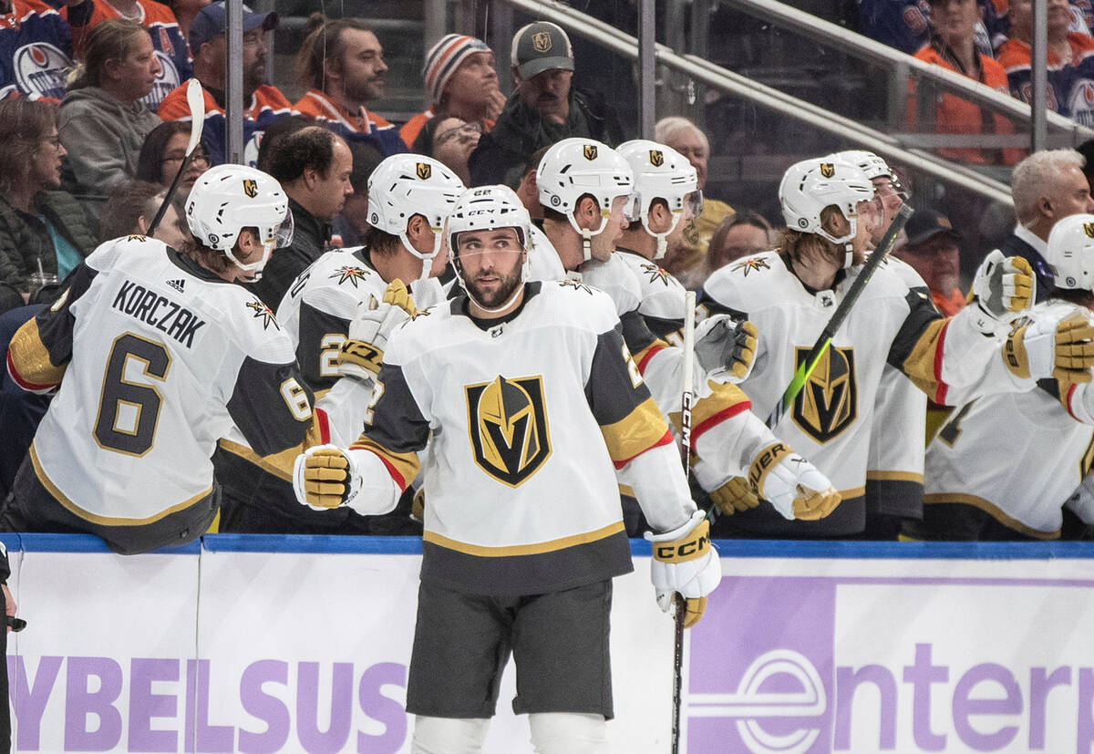 Vegas Golden Knights' Michael Amadio (22) celebrates a goal against the Edmonton Oilers during ...