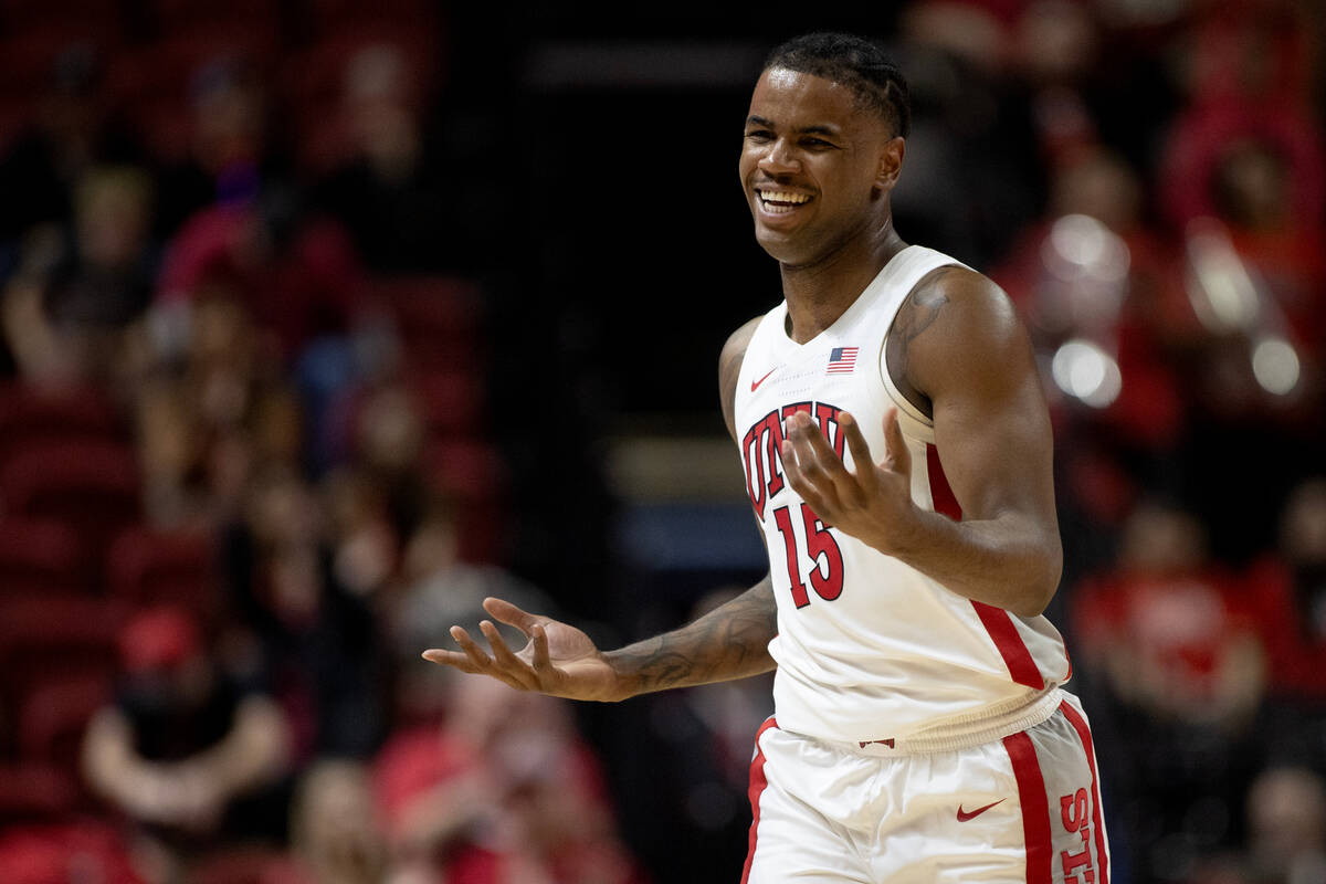 UNLV Rebels guard Luis Rodriguez (15) celebrates after scoring a three-pointer during the first ...