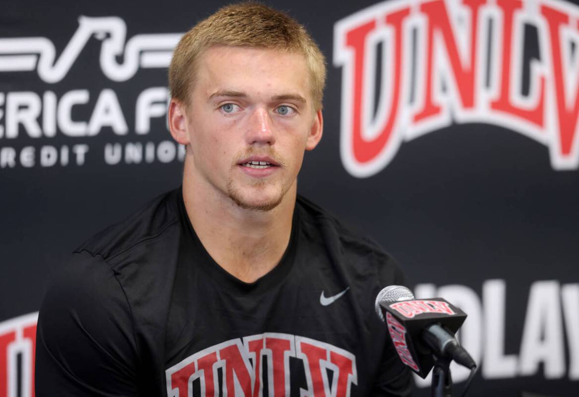 UNLV football linebacker Jackson Woodard talks to the news media at the Fertitta Football Compl ...