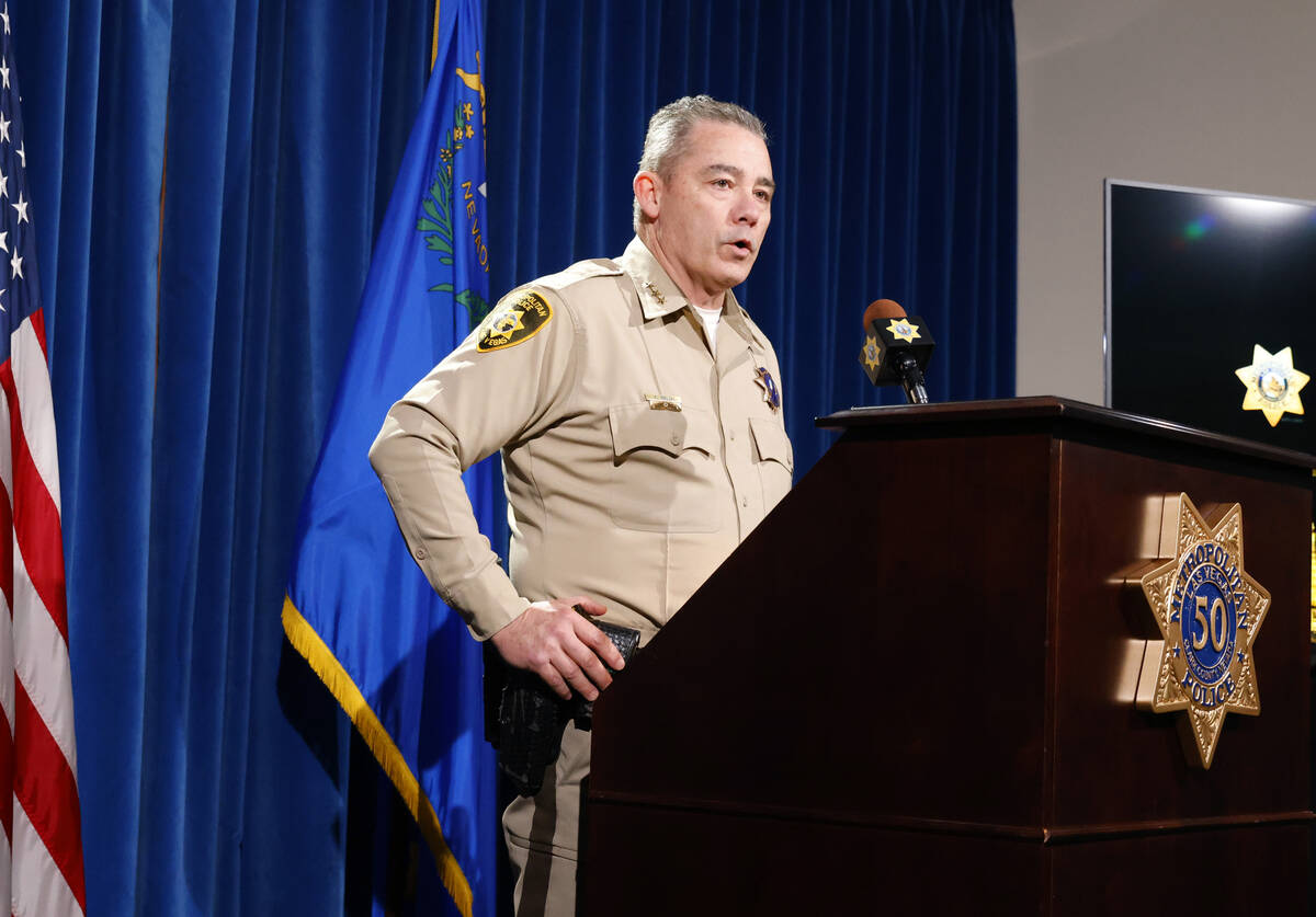 Undersheriff Andrew Walsh, right, speaks about two Nevada State Troopers that were struck and k ...