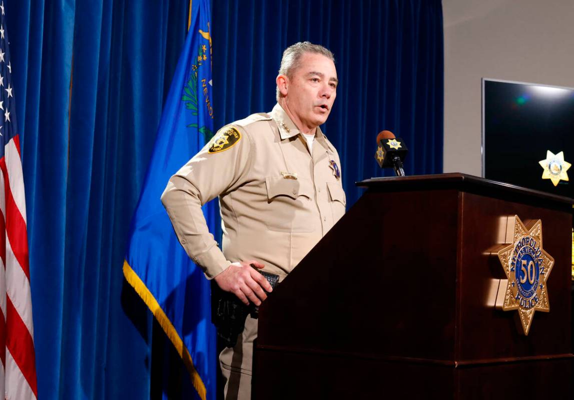 Undersheriff Andrew Walsh, right, speaks about two Nevada State Troopers that were struck and k ...