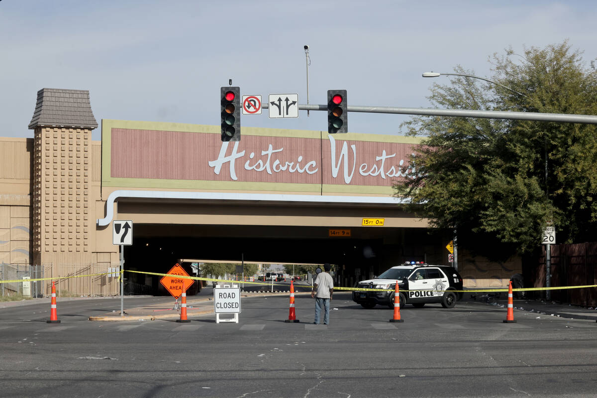 F Street is closed under Interstate 15 on Thursday, Nov. 30, 2023, after two Nevada Highway Pat ...