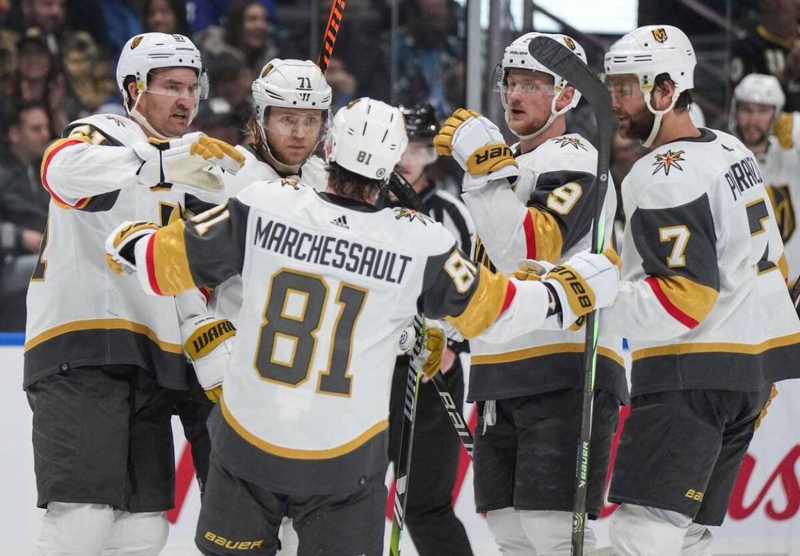 Vegas Golden Knights' Mark Stone, William Karlsson, Jack Eichel and Alex Pietrangelo, from left ...