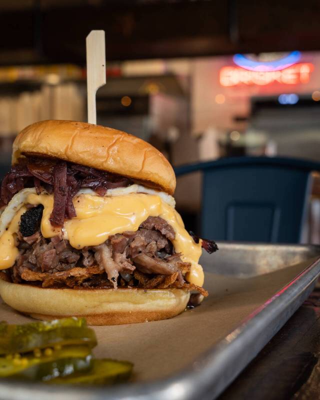 Sliced brisket is piled high for The Belly of Soul sandwich at SoulBelly BBQ in downtown Las Ve ...