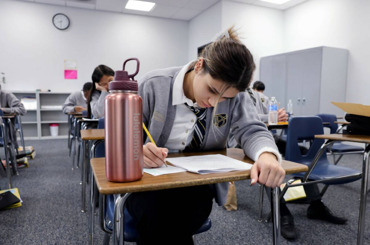 Senior Angela Staykova takes a test in EMT class at Amplus Academy in Las Vegas Wednesday, Nov. ...