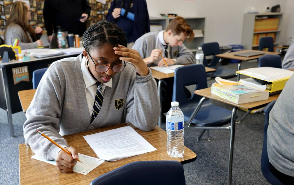 Senior Melate Tessera takes a test in EMT class at Amplus Academy in Las Vegas Wednesday, Nov. ...