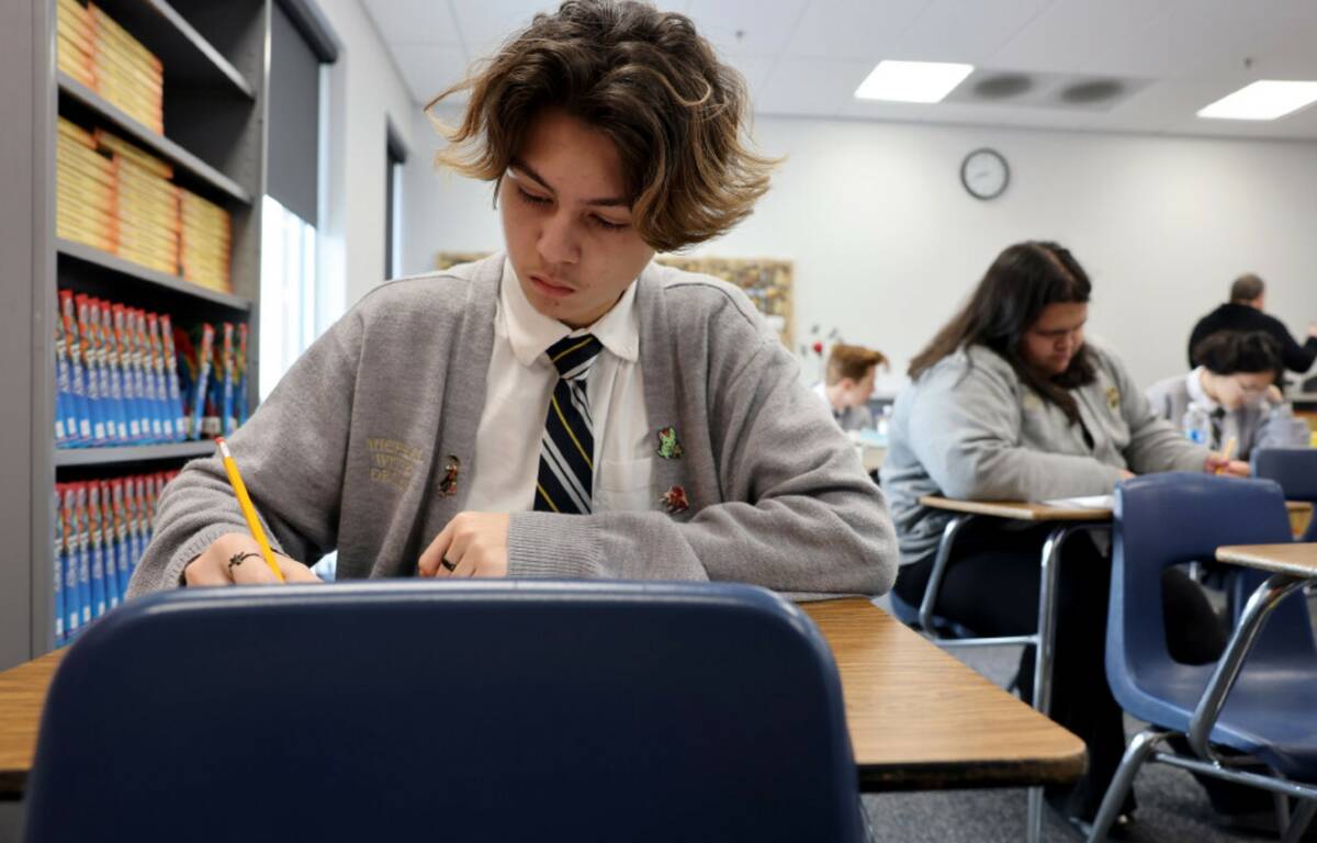 Senior Micheal Witte Degan takes a test in EMT class at Amplus Academy in Las Vegas Wednesday, ...