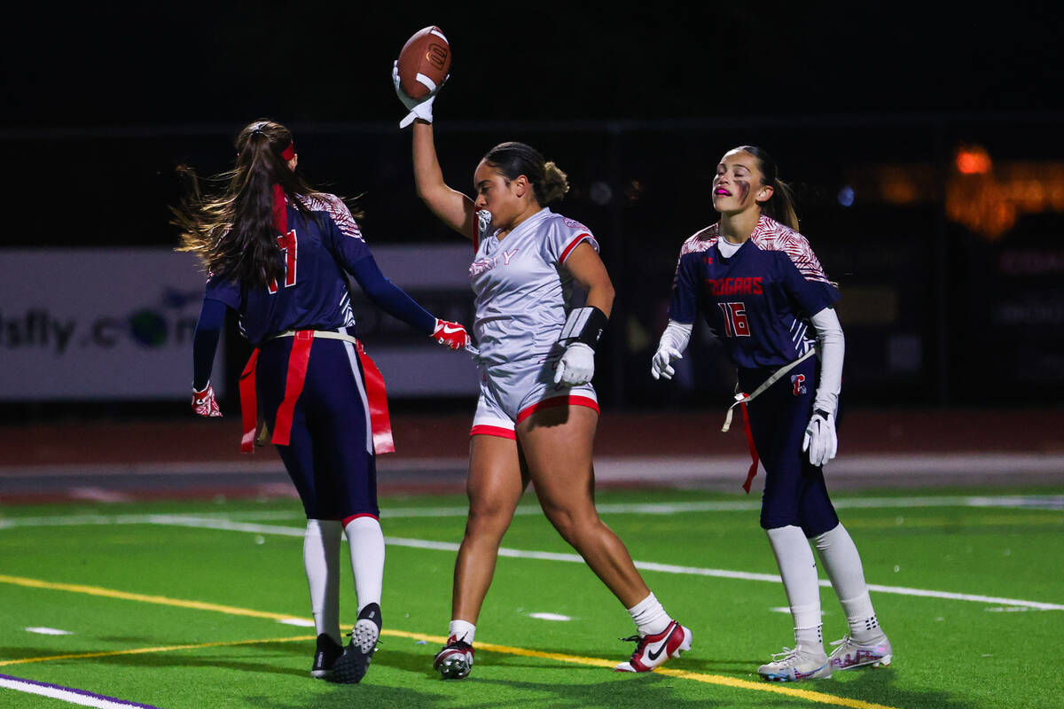 Liberty’s Kiona "Lolo" Westerlund (4) celebrates making a touchdown durin ...