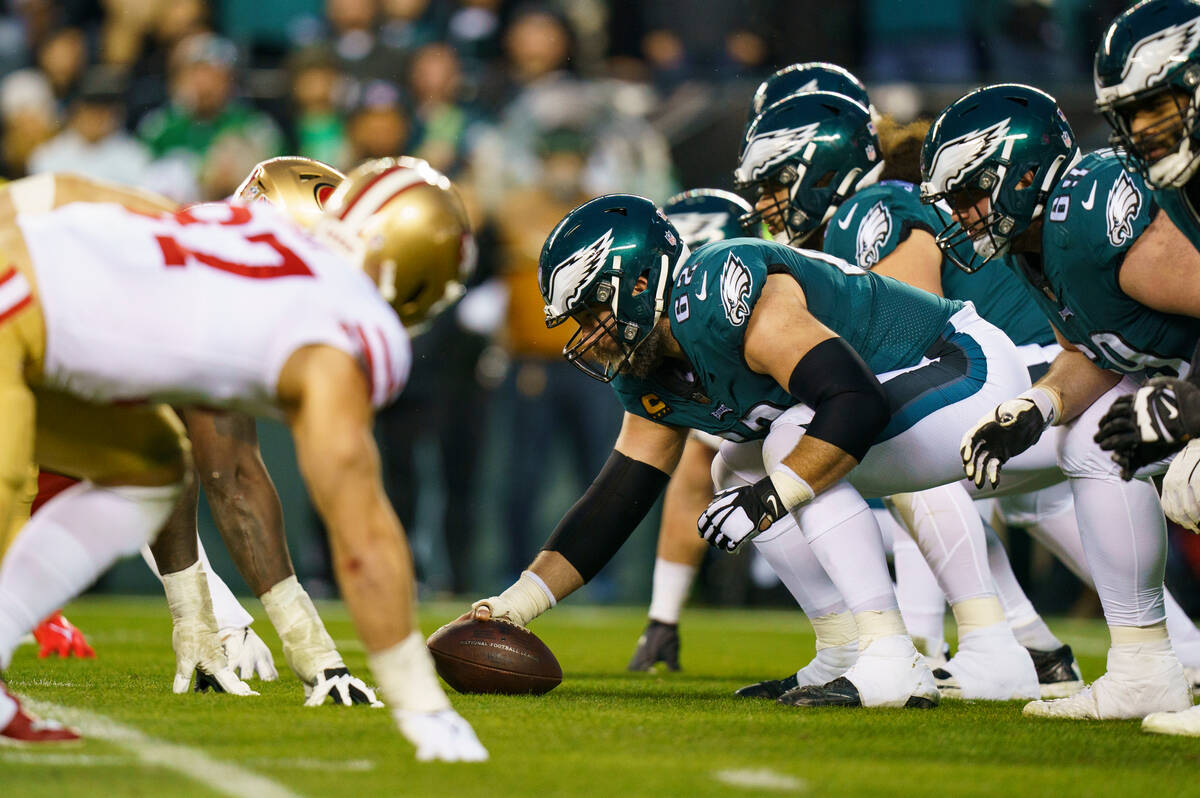 Philadelphia Eagles center Jason Kelce (62) and the Eagles offense lines up against the San Fra ...