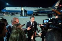 US Secretary of State Antony Blinken speaks to the media prior to departure from Al Maktoum Int ...
