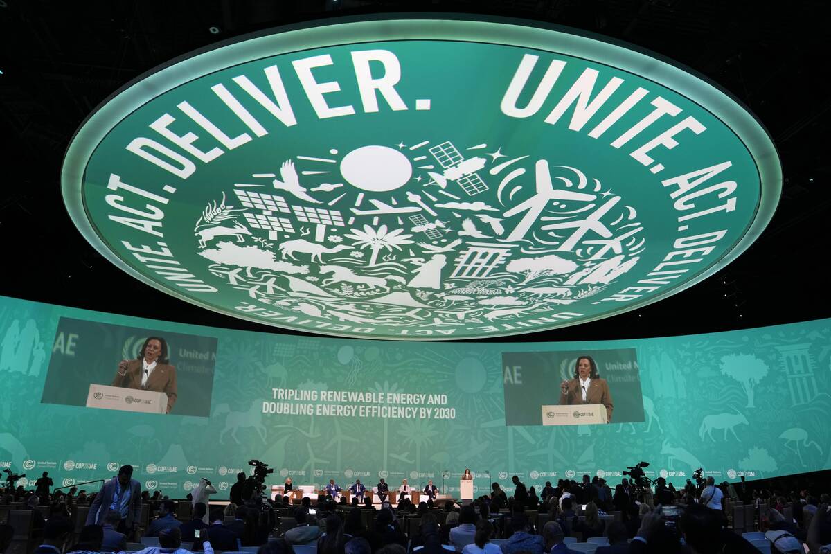 Vice President Kamala Harris speaks at the COP28 U.N. Climate Summit, Saturday, Dec. 2, 2023, i ...