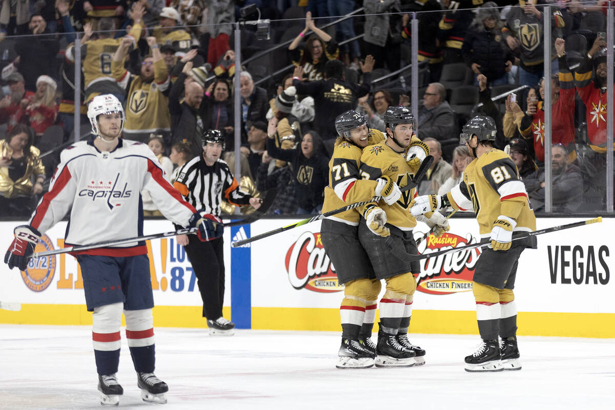 Golden Knights center William Karlsson (71), center Paul Cotter (43) and right wing Jonathan Ma ...