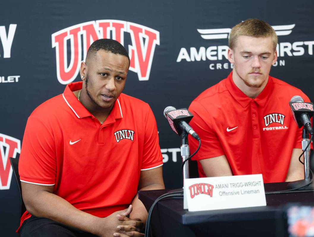 UNLV offensive lineman Amani Trigg-Wright, next to linebacker Jackson Woodward, addresses media ...