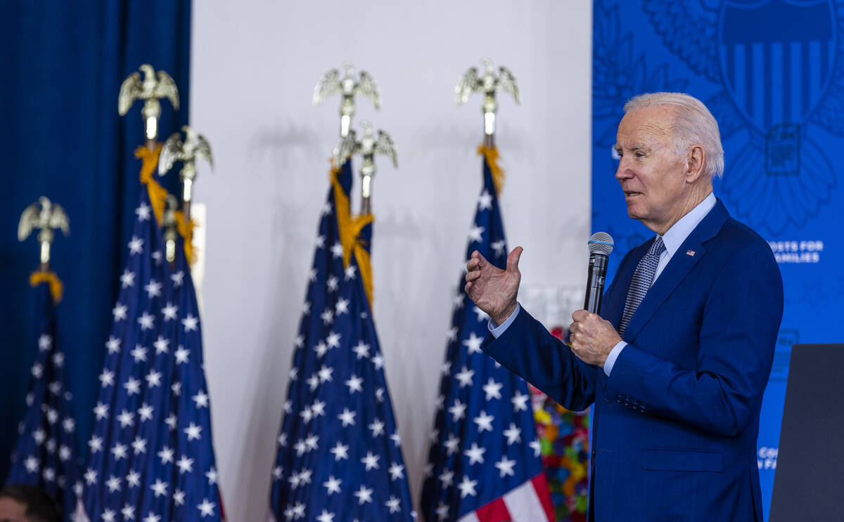 President Joe Biden talks about lowering prescription drug costs during a speech in the UNLV Wi ...