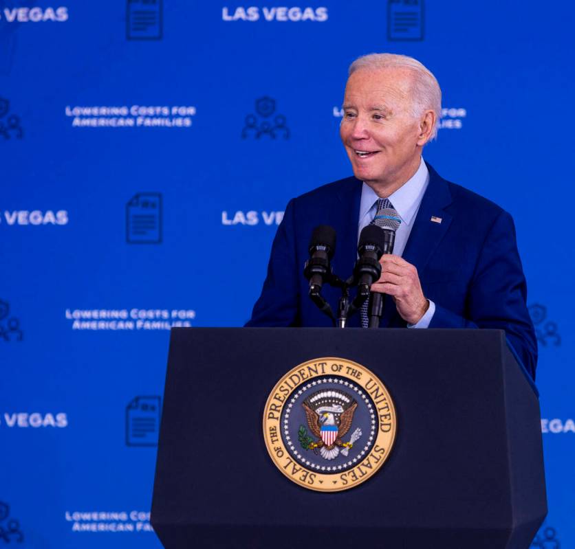 President Joe Biden talks about lowering prescription drug costs during a speech in the UNLV Wi ...