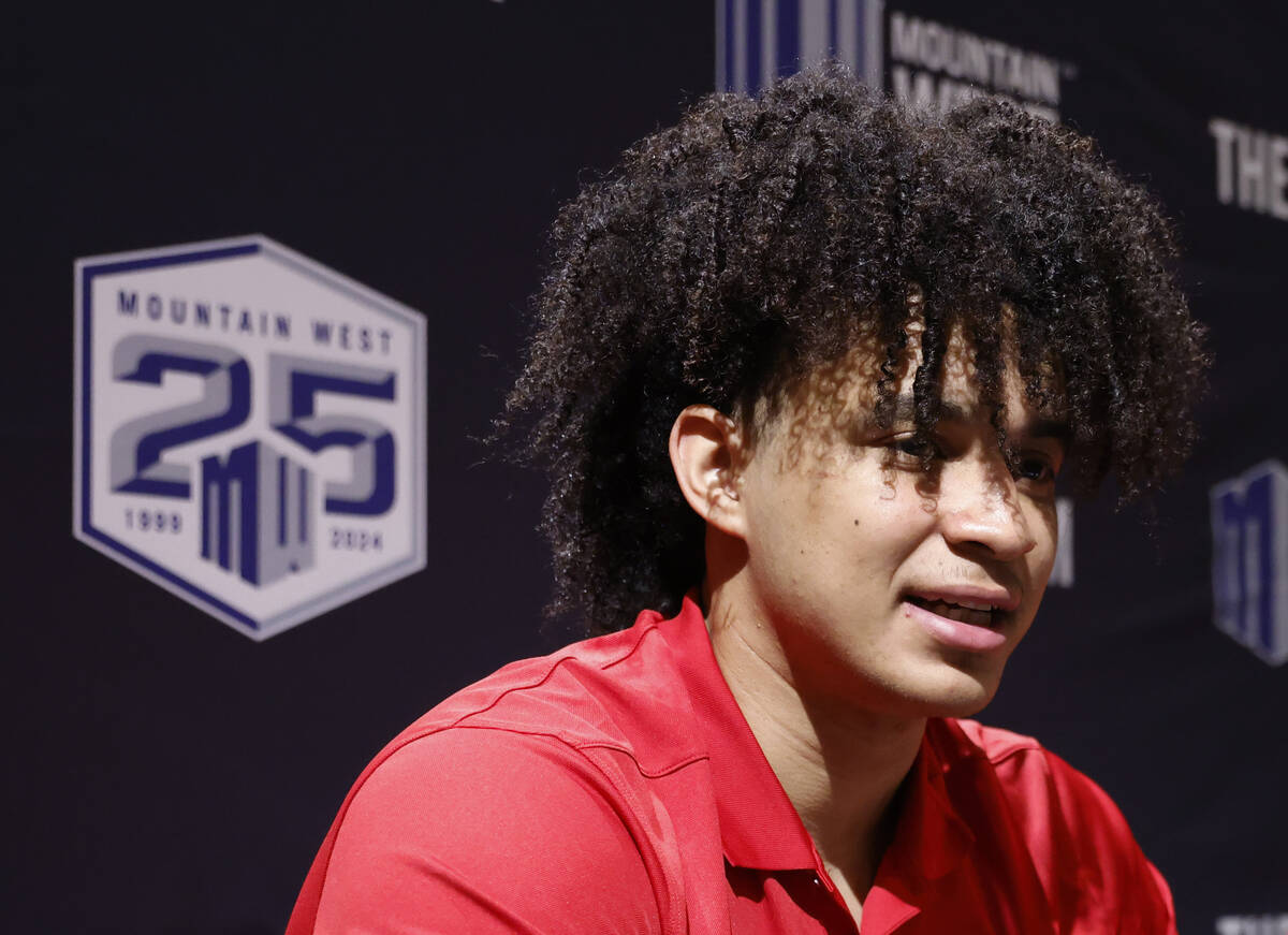 UNLV Rebels forward Jalen Hill speaks during Mountain West media day, on Thursday, Oct. 12, 202 ...