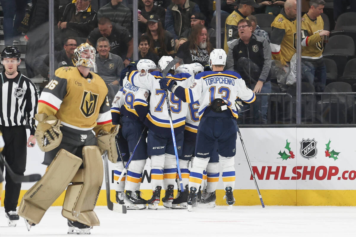 Vegas Golden Knights goaltender Logan Thompson (36) skates past St. Louis Blues players after t ...