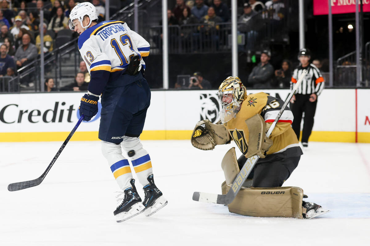 St. Louis Blues right wing Alexey Toropchenko (13) reacts as a puck deflects of him and past Ve ...