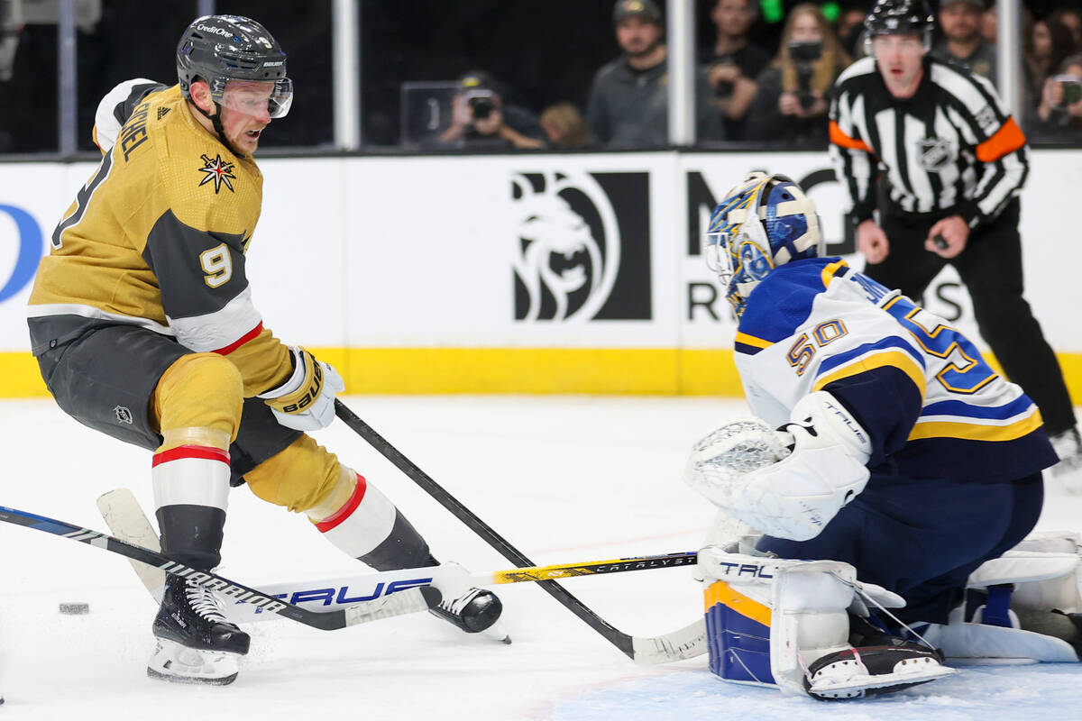 Vegas Golden Knights center Jack Eichel (9) attempts to score past St. Louis Blues goaltender J ...