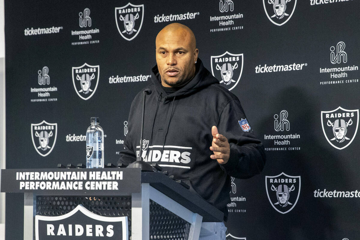 Raiders interim head coach Antonio Pierce addresses the media during practice at the Intermount ...