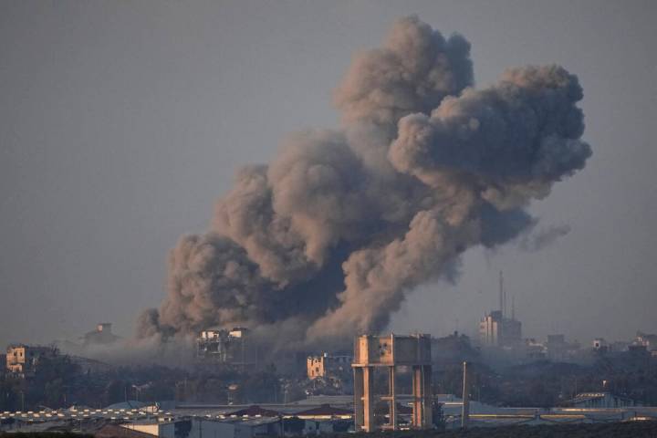 Smoke rises following an Israeli bombardment in the Gaza Strip, as seen from southern Israel, W ...