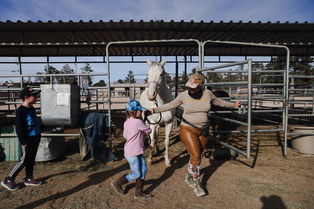 Esther Hillner, owner of Talisman Farm, helps Eliora Oles, 9, and her brother Jude Oles, 10, gu ...