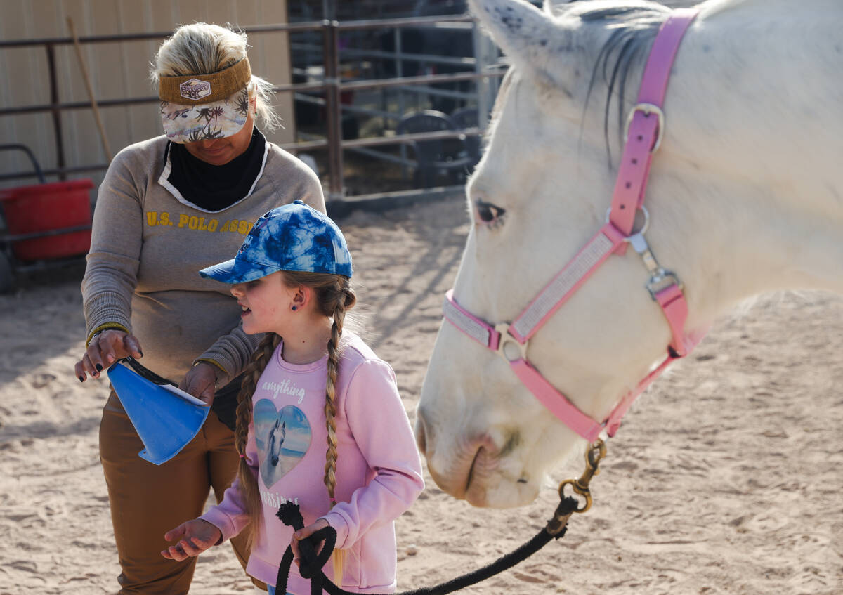 Esther Hillner, owner of Talisman Farm, helps Eliora Oles, 9, with a vocabulary exercise next t ...