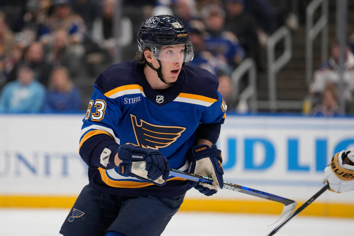 St. Louis Blues' Jake Neighbours (63) in action during the second period of an NHL hockey game ...