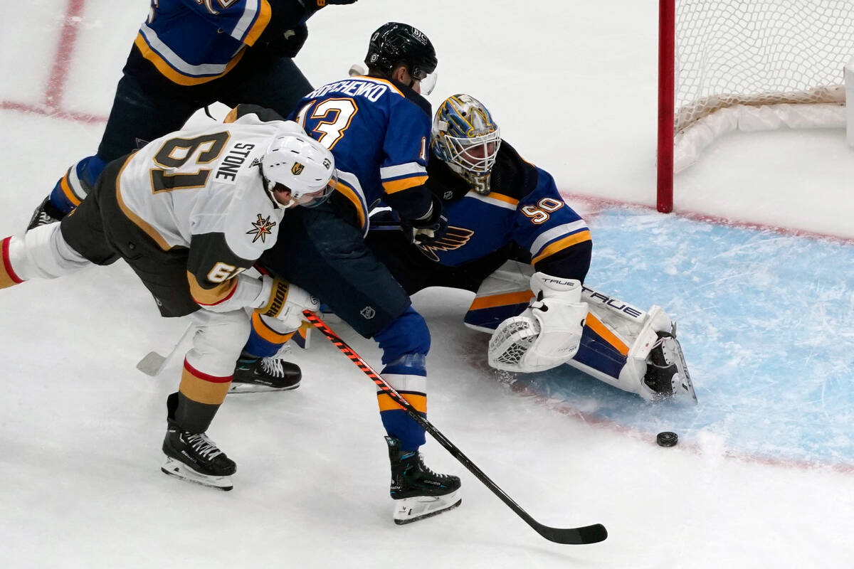 Vegas Golden Knights' Mark Stone (61) is unable to score past St. Louis Blues goaltender Jordan ...