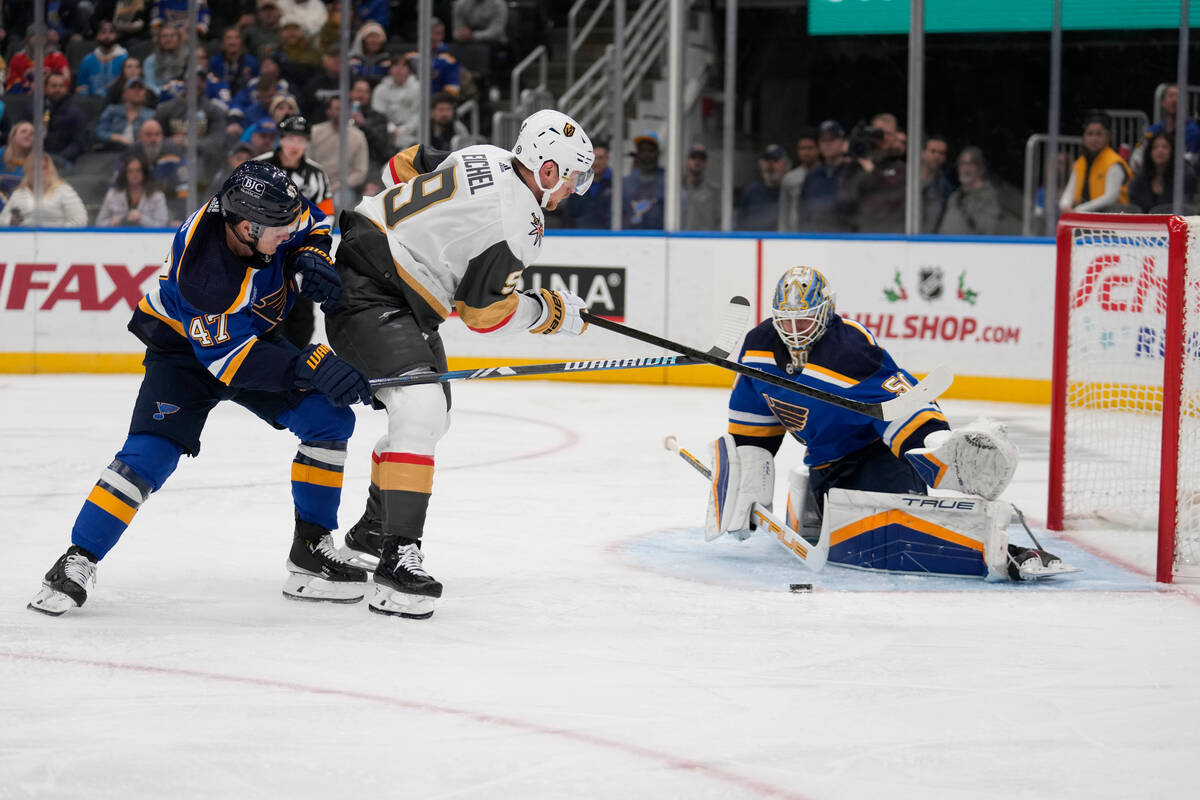 Vegas Golden Knights' Jack Eichel (9) is unable to score past St. Louis Blues goaltender Jordan ...