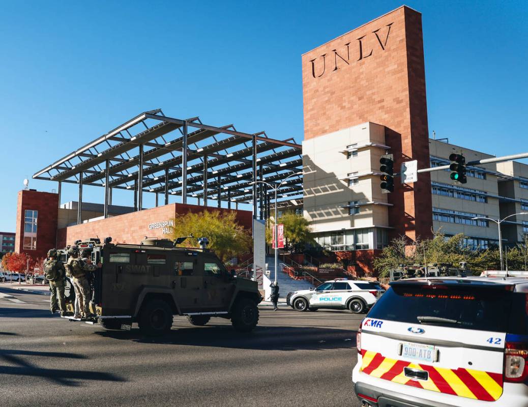 SWAT is seen at the scene of a shooting on the UNLV campus on Wednesday, Dec. 6, 2023, in Las V ...