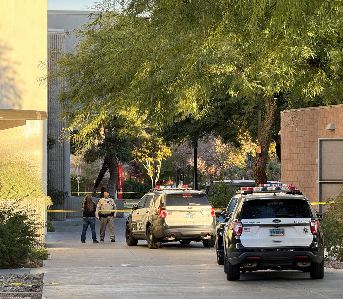 Police investigate between the Student Union and Beam Hall on the UNLV campus in Las Vegas Thur ...